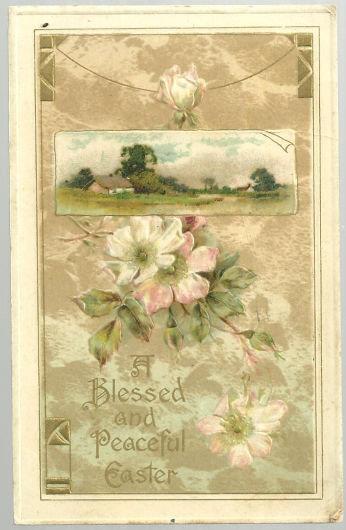 BLESSED AND PEACEFUL EASTER POSTCARD WITH FLOWERS AND PASTORAL SCENE