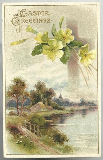 EASTER GREETINGS POSTCARD WITH COTTAGE ALONG LAKE AND CROSS ENTWINED WITH FLOWERS