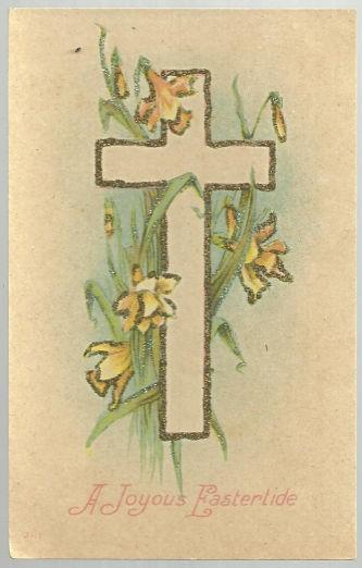 JOYOUS EASTERTIDE POSTCARD WITH CROSS AND DAFFODILS