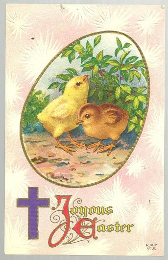 JOYOUS EASTER POSTCARD WITH TWO CHICKS AND CROSS