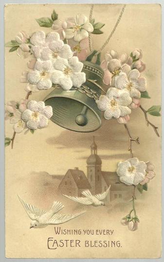 EASTER BLESSING POSTCARD WITH FUZZY BLOSSOMS AND CHURCH BELL