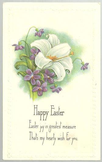 HAPPY EASTER POSTCARD WITH LILY AND VIOLETS