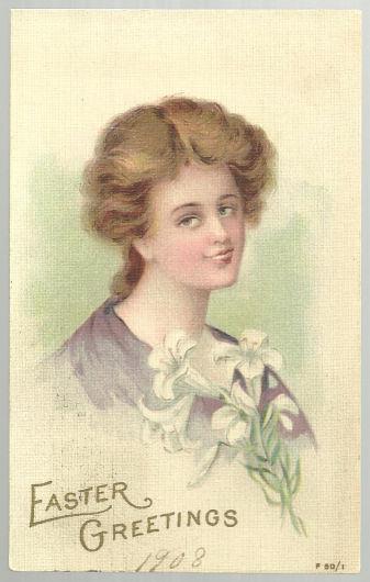 EASTER GREETINGS POSTCARD WITH LOVLEY LADY HOLDING LILIES