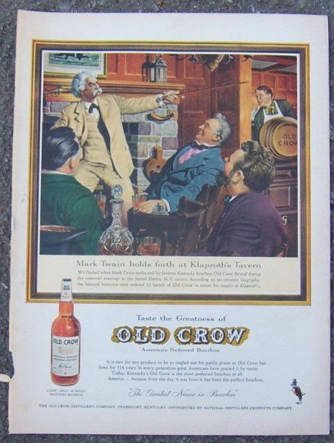 1955 MARK TWAIN OLD CROW LIFE MAGAZINE ADVERTISEMENT