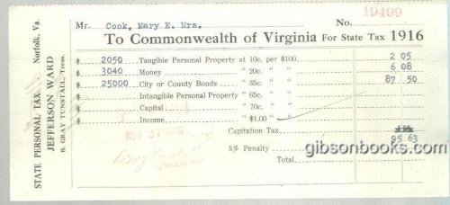 1916 STATE PERSONAL TAX BILL TO THE COMMONWEALTH OF VIRGINIA