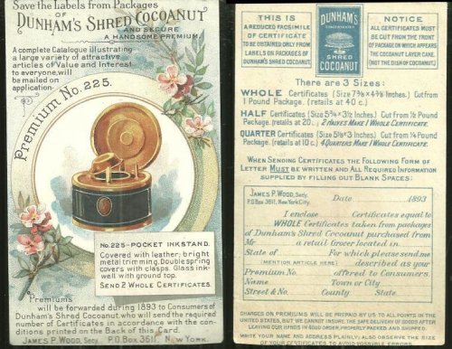 VICTORIAN TRADE CARD FOR DUNHAM'S SHRED COCOANUT PREMIUMS