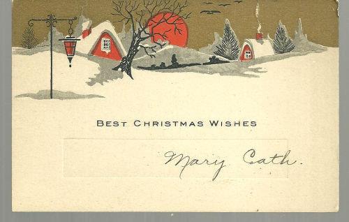 VINTAGE BEST CHRISTMAS WISHES CARD WITH SNOWY TOWN