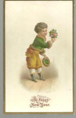 VICTORIAN NEW YEAR CARD WITH SMALL BOY WITH BOUQUET