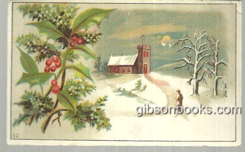 VICTORIAN CARD WITH MAN WALKING TO SNOWY CHURCH