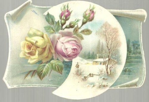 VICTORIAN CARD WITH WINTER SCENE AND ROSES IN CRESCENT MOON