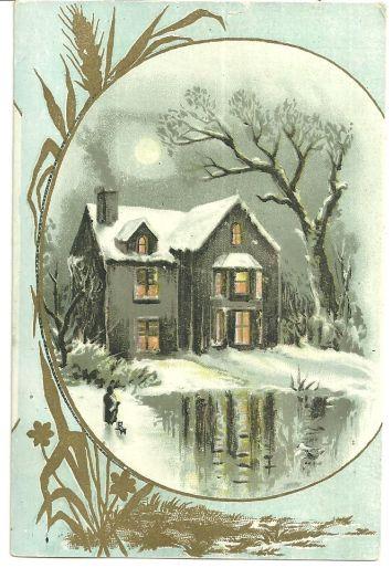 VICTORIAN CARD WITH SNOWY HOUSE AND GOLDEN WHEAT