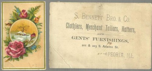 VICTORIAN TRADE CARD FOR S. BENNETT BRO. AND COMPANY, GENTS' FURNISHINGS, PEORIA, ILLINOIS