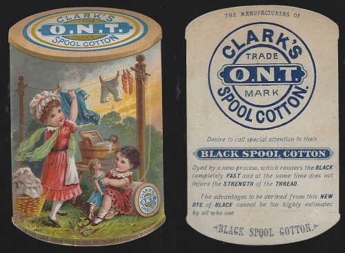 VICTORIAN DIE CUT TRADE CARD FOR CLARK'S SPOOL COTTON THREAD, CHILDREN'S CLOTHING