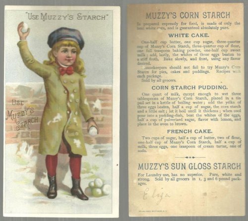 VICTORIAN TRADE CARD FOR MUZZY'S STARCH WITH LITTLE BOY IN SNOWBALL FIGHT