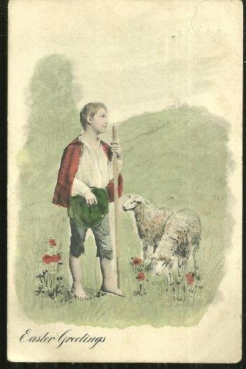 UNDIVIDED EASTER GREETINGS POSTCARD WITH BOY SHEPHERD AND SHEEP