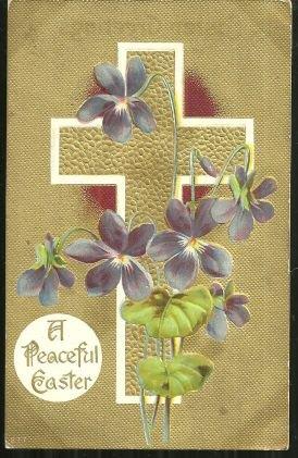 PEACEFUL EASTER POSTCARD WITH GOLD CROSS AND VIOLETS