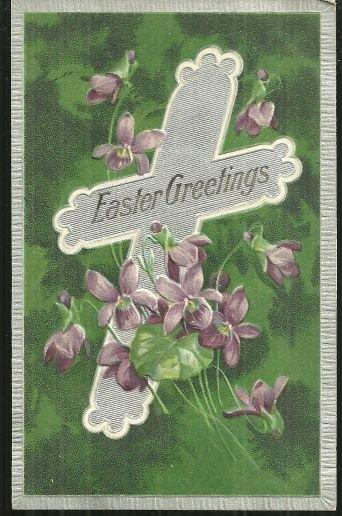 EASTER GREETINGS POSTCARD WITH SILVER CROSS AND VIOLETS