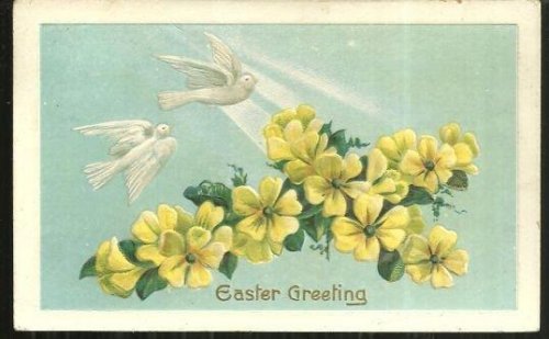 EASTER GREETING POSTCARD WITH TWO DOVES AND FLORAL CROSS