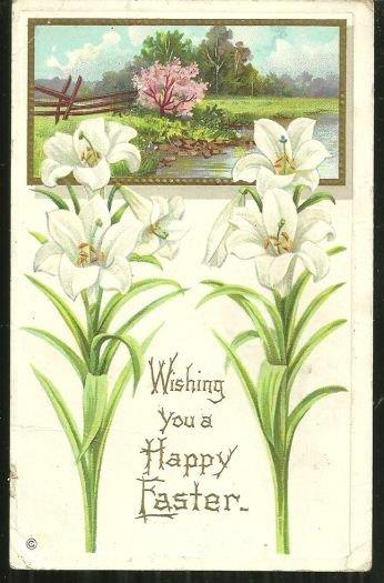 HAPPY EASTER POSTCARD WITH WHITE EASTER LILIES