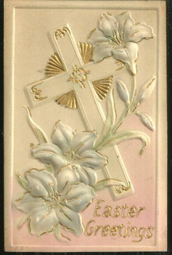 EASTER GREETINGS POSTCARD WITH PUFFY FLOWERS AND CROSS