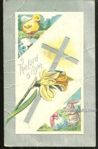 LORD IS RISEN EASTER POSTCARD WITH CROSS, CHICK AND EASTER BUNNY