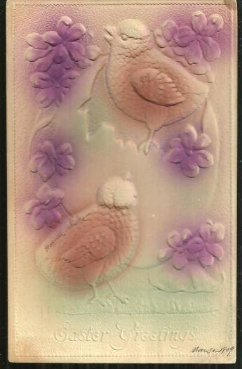EASTER GREETING POSTCARD WITH EMBOSSED CHICKS AND FLOWERS