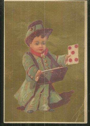 VICTORIAN CARD WITH BOY IN UNIFORM HOLDING CARD