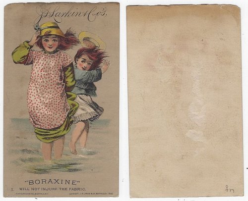VICTORIAN TRADE CARD FOR J. D. LARKIN BORAXINE SOAP WITH TWO GIRLS AT BEACH