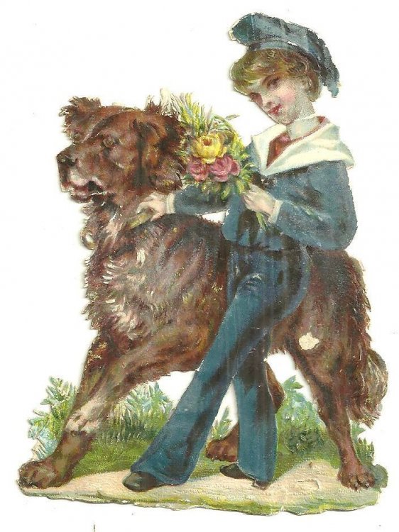 VICTORIAN DIE CUT CARD OF BOY WITH HIS DOG