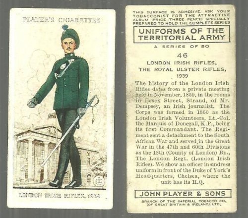 VINTAGE PLAYER'S CIGARETTE CARD WITH LONDON IRISH RIFLES