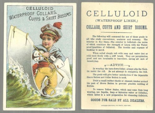 VICTORIAN TRADE CARD FOR CELLULOID WATERPROOF COLLARS, CUFFS AND SHIRT BOSOMS WITH SAILOR BOY