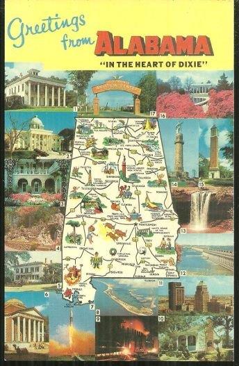 GREETINGS FROM ALABAMA MAP POSTCARD