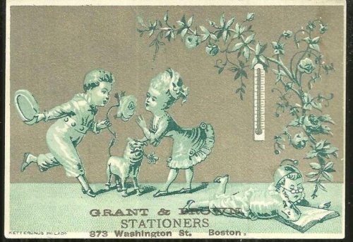 VICTORIAN TRADE CARD FOR GRANT AND BROWN STATIONERS, BOSTON, MASSACHUSETTS