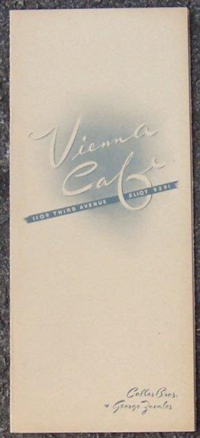 VINTAGE MENU VIENNA CAFE 1109 THIRD AVE ELIOT 9291