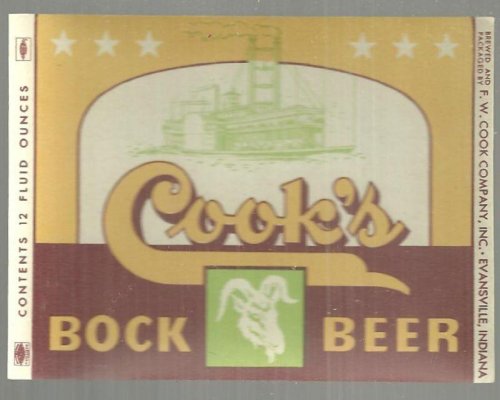 COOK'S BOCK BEER LABEL 12 FLUID OUNCES, EVANSVILLE, INDIANA