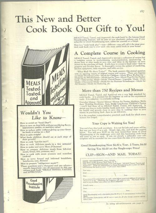 1932 GOOD HOUSEKEEPING MAGAZINE ADVERTISEMENT FOR MEALS TESTED, TASTED AND APPROVED COOK BOOK