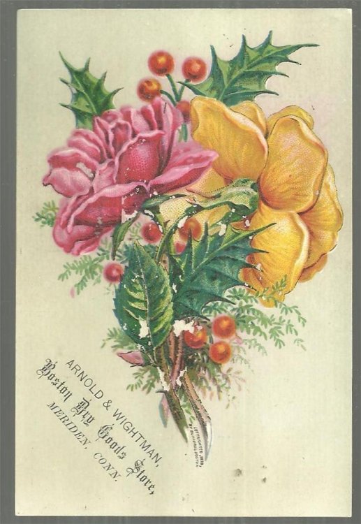 VICTORIAN TRADE CARD FOR ARNOLD AND WRIGHTMAN, BOSTON DRY GOODS STORE, MERIDEN, CONNECTICUT