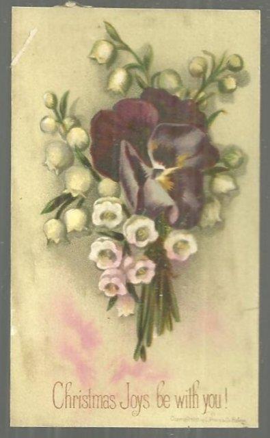VINTAGE CHRISTMAS JOYS CARD WITH PANSY AND LILY OF THE VALLEY BOUQUET