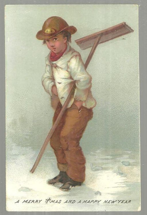 VICTORIAN MERRY CHRISTMAS AND A HAPPY NEW YEAR CARD WITH BOY AND SNOW SHOVEL