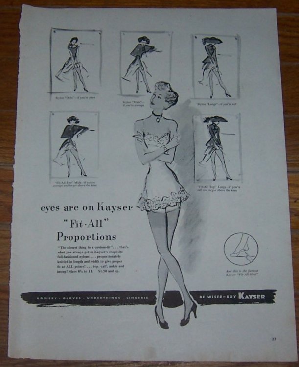 1947 KAYSER FIT-ALL PROPORTIONS NYLONS MAGAZINE ADVERTISMENT
