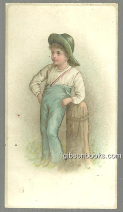 VICTORIAN CARD WITH BOY LEANING ON POST