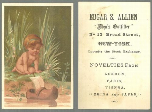 VICTORIAN TRADE CARD FOR EDGAR S. ALLIEN MEN'S OUTFITTER WITH BOY SAILING A WOODEN SHOE BOAT