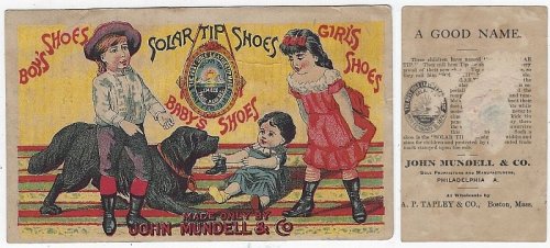 VICTORIAN TRADE CARD FOR SOLAR TIP SHOES CHILDREN PLAYING WITH DOG