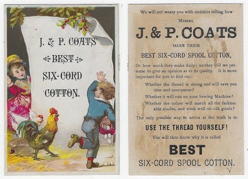 VICTORIAN TRADE CARD FOR J & P COATS BEST SIX CORD THREAD WITH BOY AND GIRL CHASING HENS