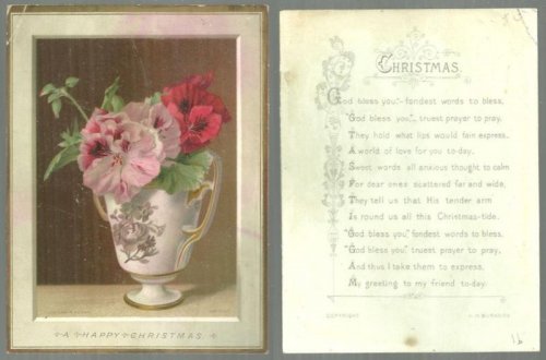 VICTORIAN CHRISTMAS CARD WITH FLORAL BOUQUET IN VASE WITH H. M. BURNSIDE POEM