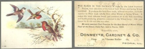 VICTORIAN TRADE CARD FOR VIENNA ROLLER MILLS FLOUR, PEORIA, ILLINOIS WITH BIRDS AND SNOWY LANDSCAPE