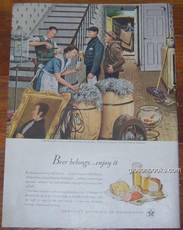 1947 BEER MAGAZINE AD BY STEVAN DOHANOS, MOVING DAY NO 2 IN SERIES