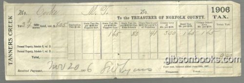 1906 TAX BILL FOR TANNERS CREEK, NORFOLK COUNTY, COMMONWEALTH OF VIRGINIA