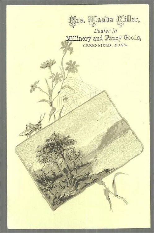 VICTORIAN TRADE CARD FOR MRS. WANDA MILLER, DEALER IN MILLINERY AND FANCY GOODS, GREENFIELD, MASSACHUSETTS