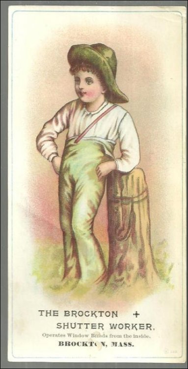 VICTORIAN TRADE CARD FOR BROCKTON SHUTTER WORKER WITH BOY LEANING ON POST